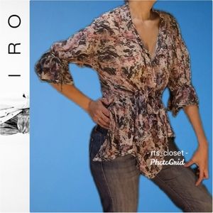 IRO Milia abstract splatter print layered top with gathered sleeves